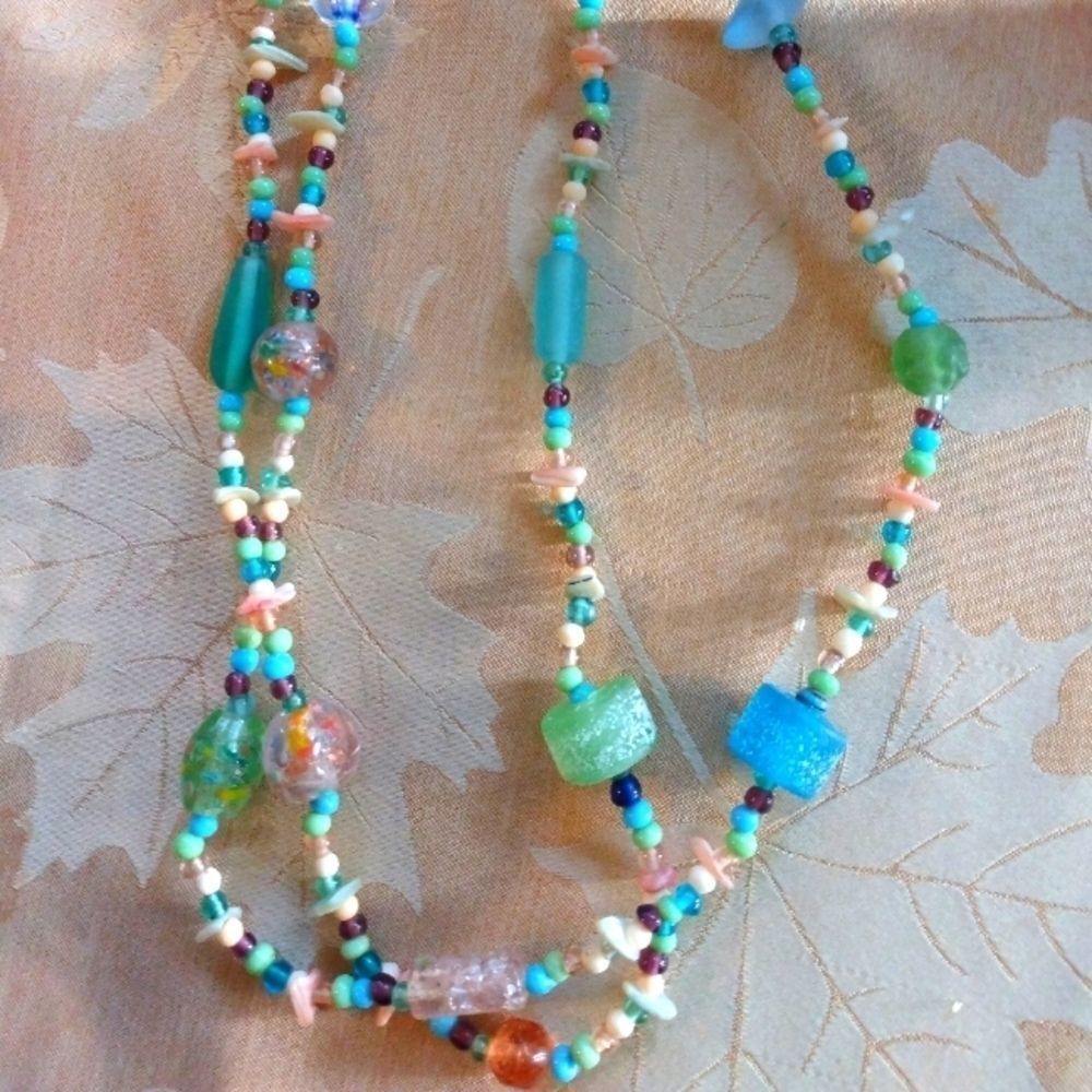 Natural stone and glass beaded necklace very unique piece